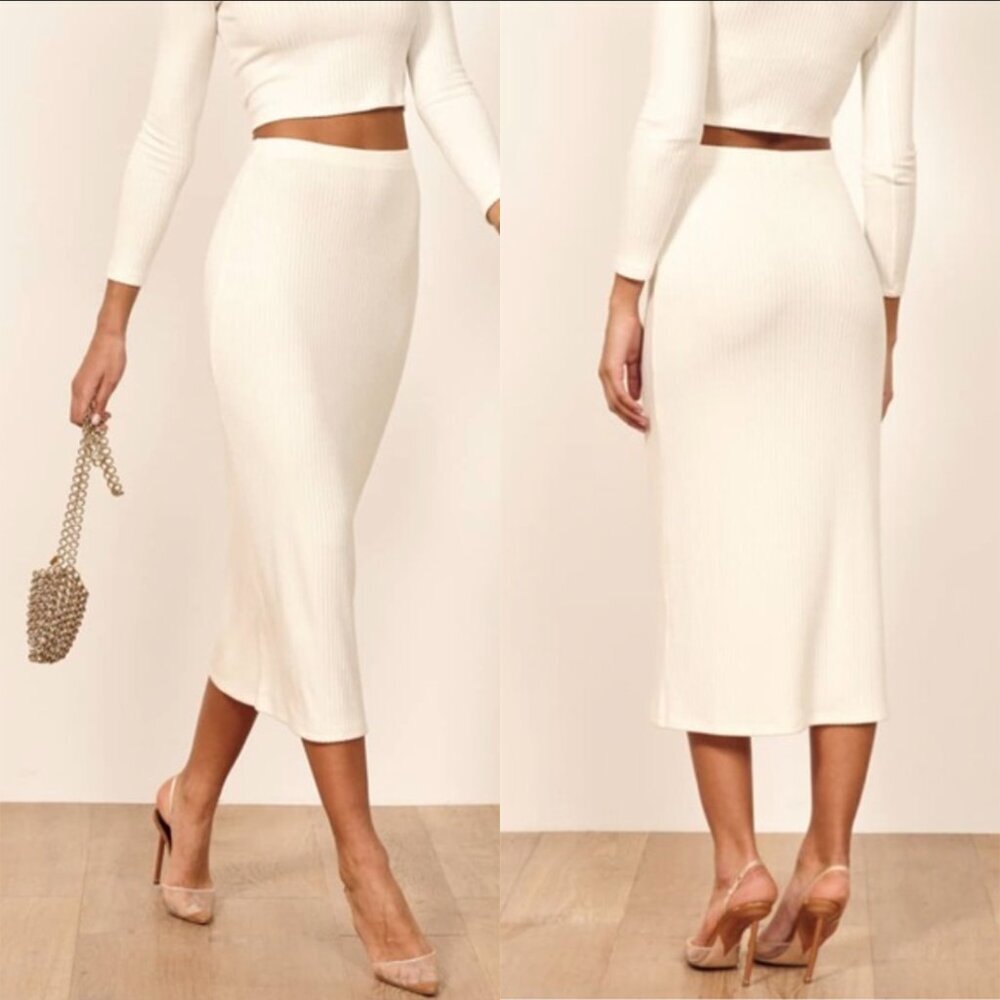 Reformation Ivory Cream Viola Ribbed Knit Bodycon Lightweight Midi Skirt